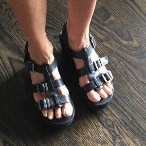 KORK-EASE black leather and suede Wedge Sandals